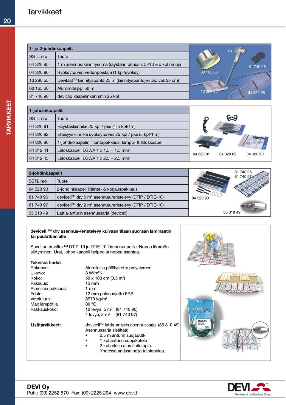 väli 30 cm) 60 165 60 Alumiiniteippi 50 m 81 740 98 deviclip kaapelinkannatin 25 kpl 1-johdinkaapelit SSTL nro Tuote 04 320 81 Räystäskiinnike 25 kpl / pss (4-5 kpl/1m) 04 320 82 Etäisyyskiinnike