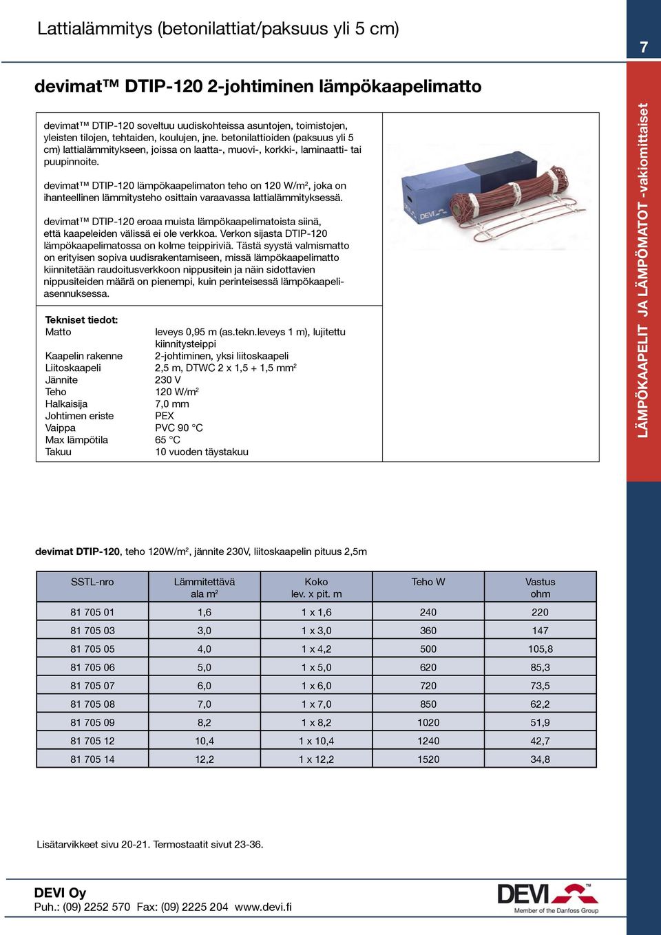 devimat DTIP-120 lämpökaapelimaton teho on 120 W/m 2, joka on ihanteellinen lämmitysteho osittain varaavassa lattialämmityksessä.