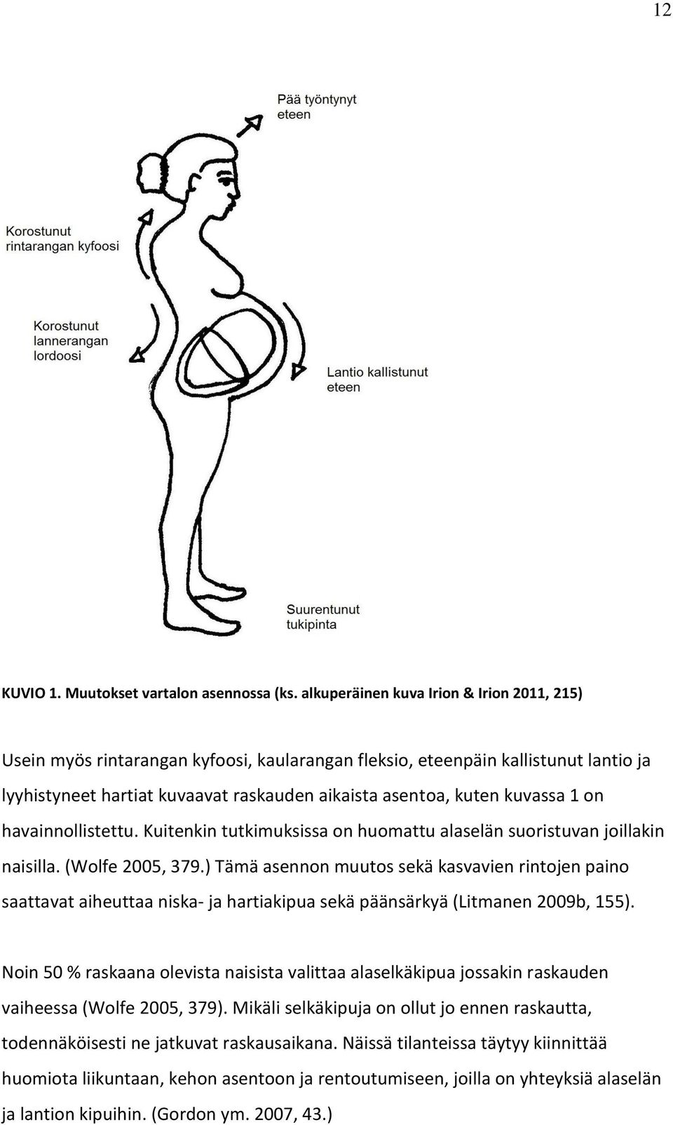 1 on havainnollistettu. Kuitenkin tutkimuksissa on huomattu alaselän suoristuvan joillakin naisilla. (Wolfe 2005, 379.