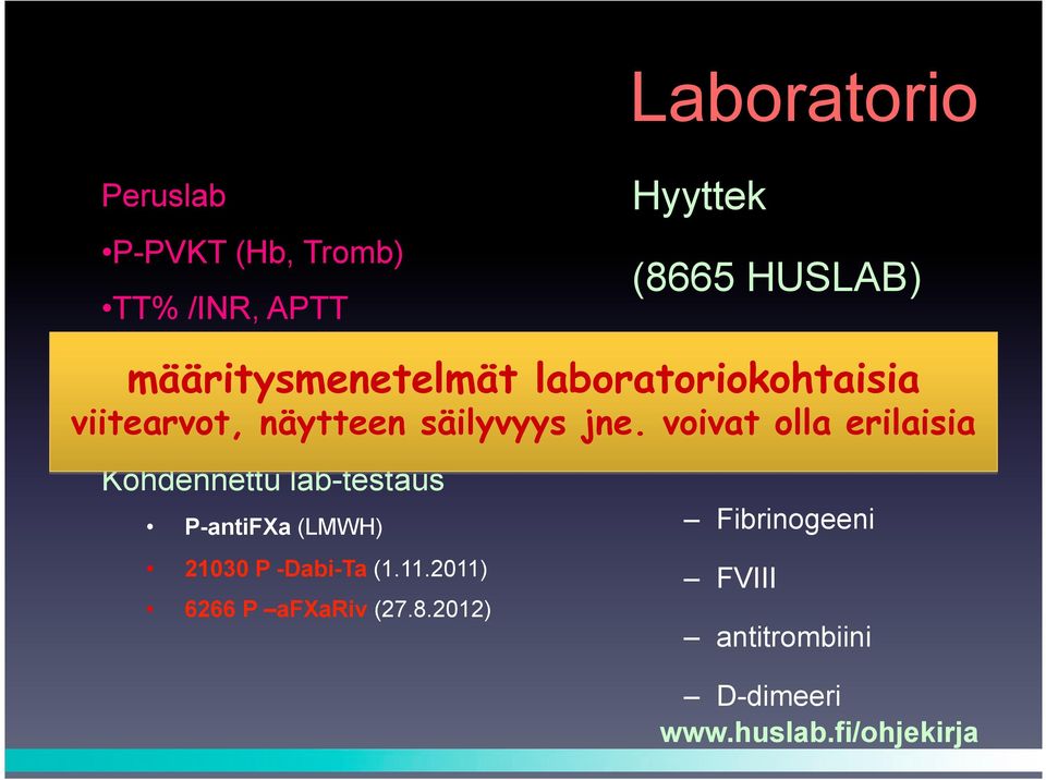 voivat olla erilaisia trombiiniaika Kohdennettu lab-testaus Fibrinogeeni P-antiFXa (LMWH)