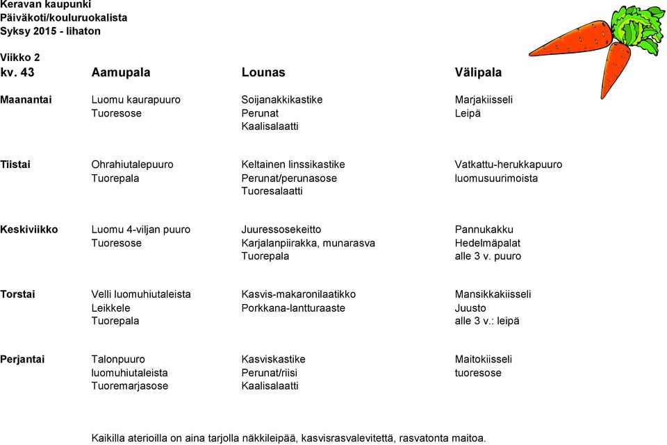 linssikastike Vatkattu-herukkapuuro Perunat/perunasose luomusuurimoista Keskiviikko Luomu 4-viljan puuro Juuressosekeitto Pannukakku Tuoresose