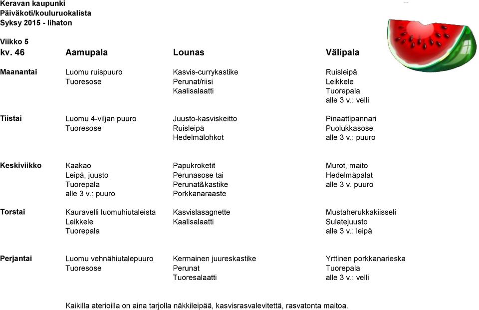 Juusto-kasviskeitto Pinaattipannari Tuoresose Ruisleipä Puolukkasose Hedelmälohkot alle 3 v.