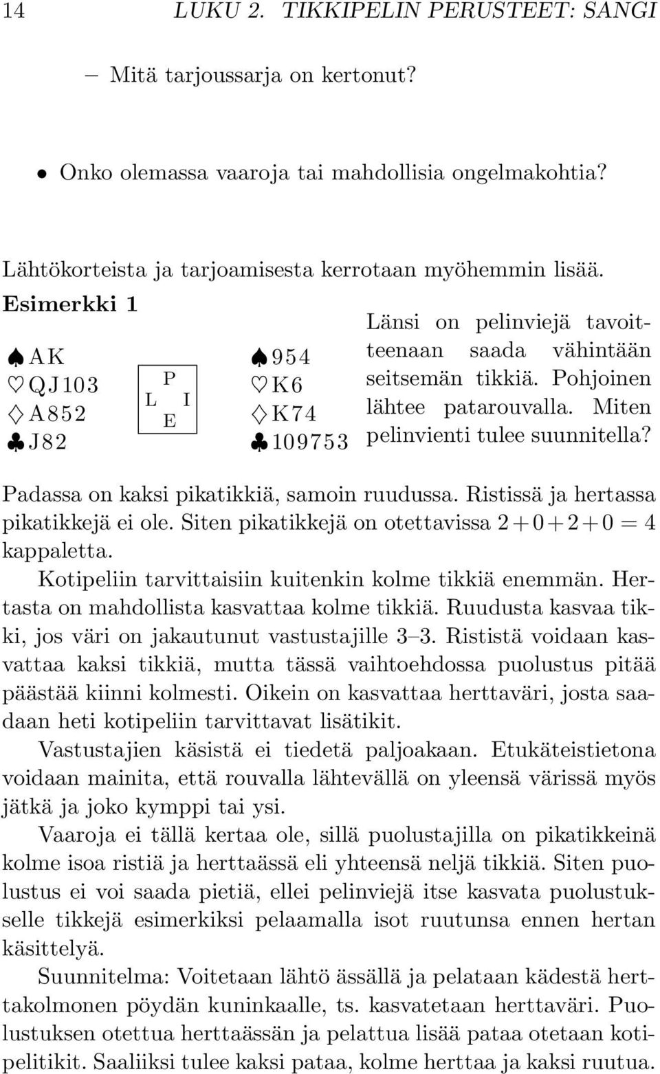 Padassa on kaksi pikatikkiä, samoin ruudussa. Ristissä ja hertassa pikatikkejä ei ole. Siten pikatikkejä on otettavissa 2+0+2+0 = 4 kappaletta. Kotipeliin tarvittaisiin kuitenkin kolme tikkiä enemmän.