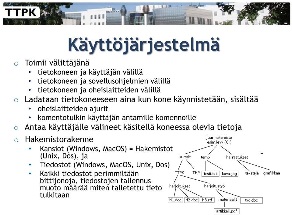 antamille komennoille o Antaa käyttäjälle välineet käsitellä koneessa olevia tietoja o Hakemistorakenne Kansiot (Windows, MacOS) = Hakemistot