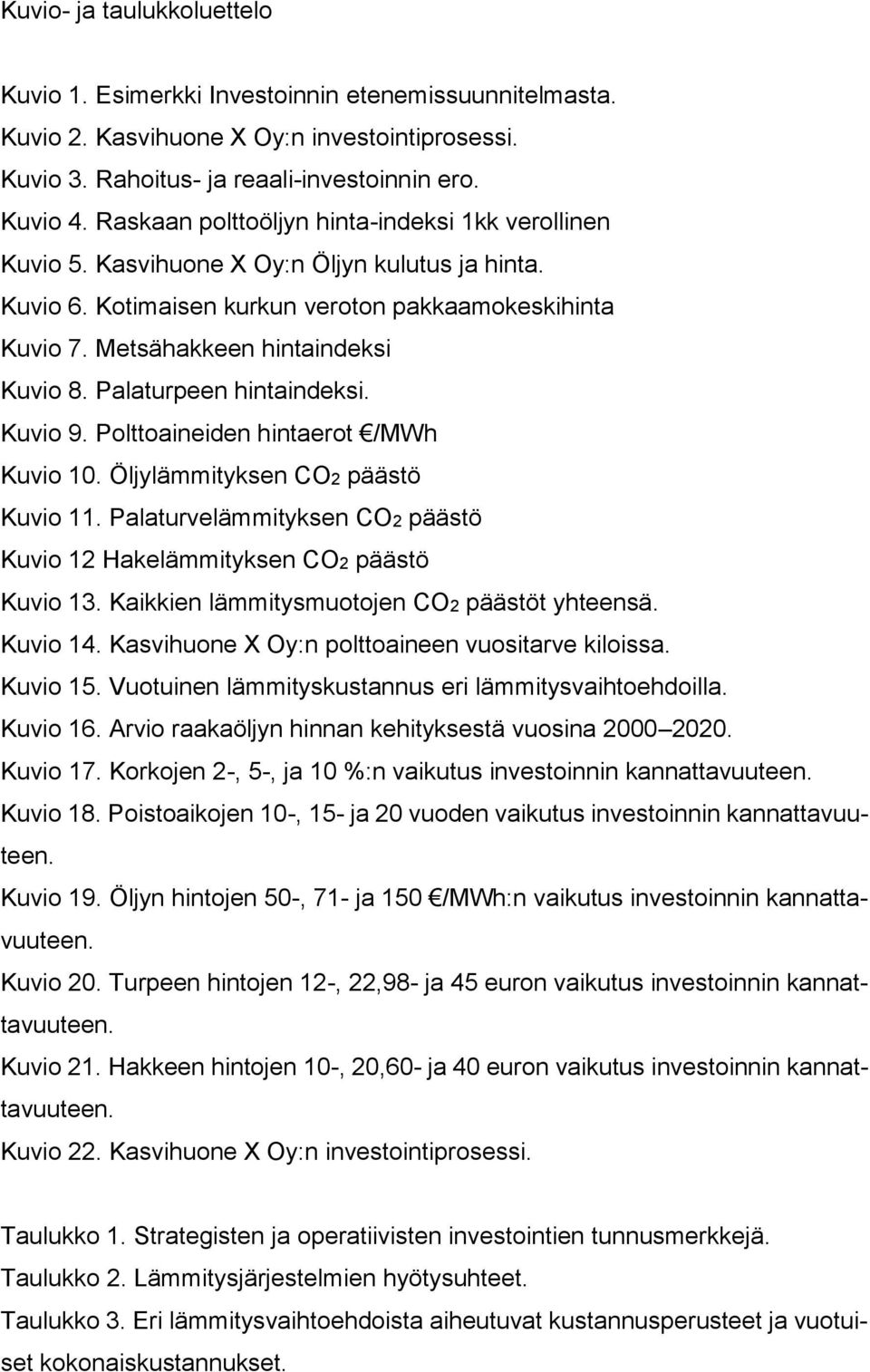 Palaturpeen hintaindeksi. Kuvio 9. Polttoaineiden hintaerot /MWh Kuvio 10. Öljylämmityksen CO2 päästö Kuvio 11. Palaturvelämmityksen CO2 päästö Kuvio 12 Hakelämmityksen CO2 päästö Kuvio 13.