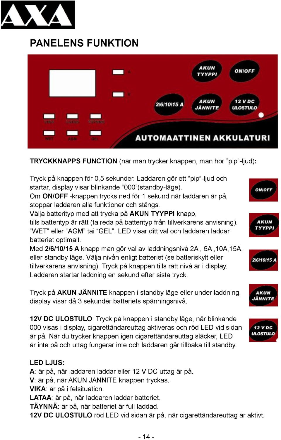 Välja batterityp med att trycka på AKUN TYYPPI knapp, tills batterityp är rätt (ta reda på batterityp från tillverkarens anvisning). WET eller AGM tai GEL.