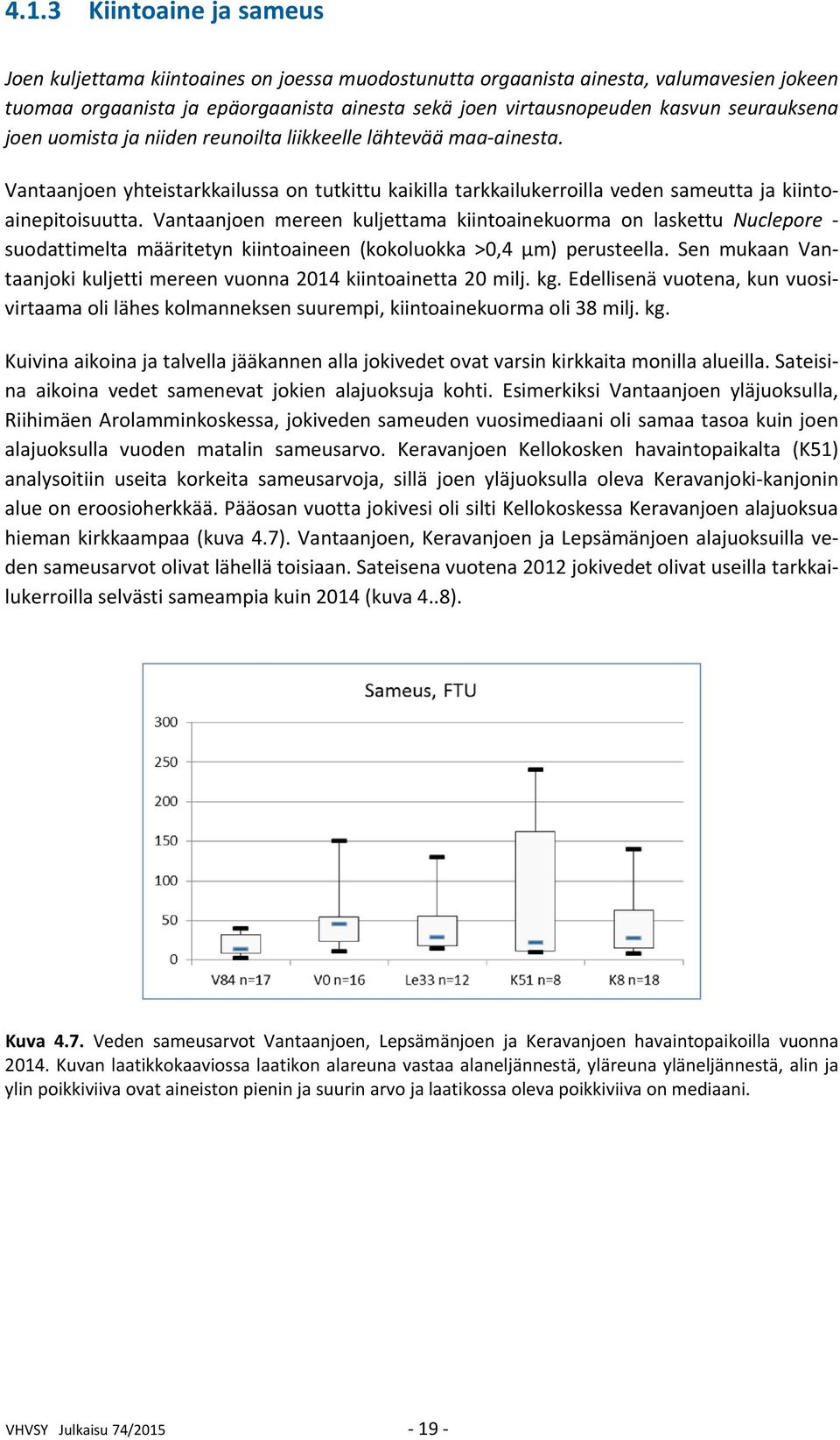 Vantaanjoen mereen kuljettama kiintoainekuorma on laskettu Nuclepore suodattimelta määritetyn kiintoaineen (kokoluokka >0,4 µm) perusteella.