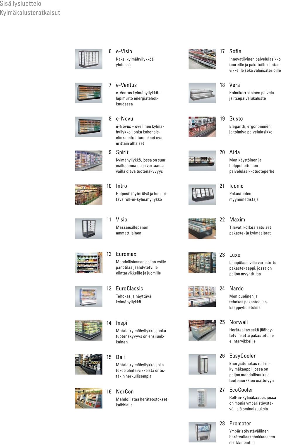 roll-in-kylmähyllykkö 11 Visio Massaesillepanon ammattilainen 12 Euromax Mahdollisimman paljon esillepanotilaa jäähdytetyille elintarvikkeille ja juomille 13 EuroClassic Tehokas ja näyttävä