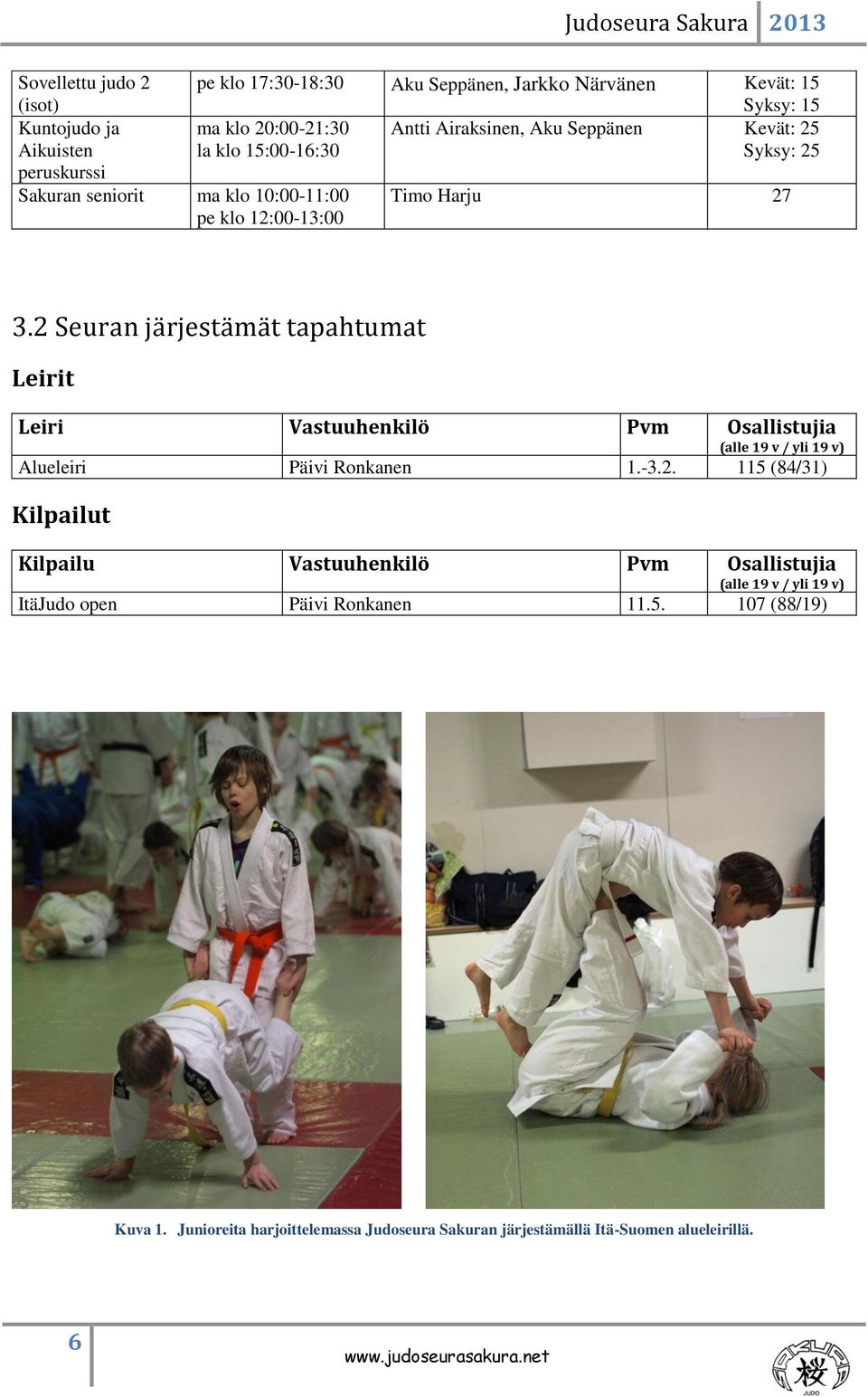 2 Seuran järjestämät tapahtumat Leirit Leiri Vastuuhenkilö Pvm Osallistujia (alle 19 v / yli 19 v) Alueleiri Päivi Ronkanen 1.-3.2. 115 (84/31) Kilpailut Kilpailu Vastuuhenkilö Pvm Osallistujia (alle 19 v / yli 19 v) ItäJudo open Päivi Ronkanen 11.