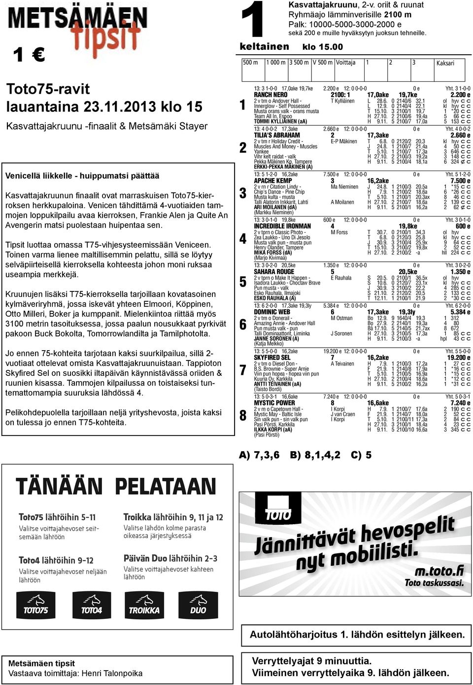 .0 klo Kasvattajakruunu -fi naalit & Metsämäki Stayer Venicellä liikkelle - huippumatsi päättää Kasvattajakruunun fi naalit ovat marraskuisen Toto-kierroksen herkkupaloina.