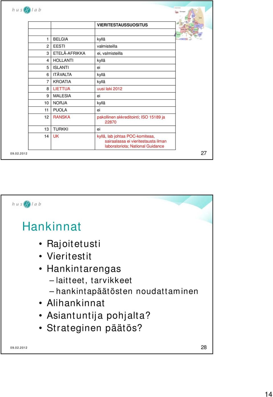 TURKKI ei 14 UK kyllä, lab johtaa POC-komiteaa, sairaalassa ei vieritestausta ilman laboratoriota; National Guidance 27 Hankinnat