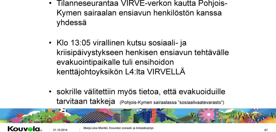 ensihoidon kenttäjohtoyksikön L4:lta VIRVELLÄ sokrille välitettiin myös tietoa, että evakuoiduille tarvitaan