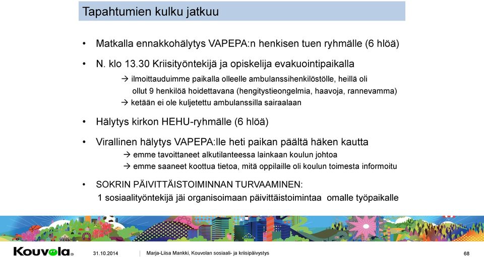 haavoja, rannevamma) ketään ei ole kuljetettu ambulanssilla sairaalaan Hälytys kirkon HEHU-ryhmälle (6 hlöä) Virallinen hälytys VAPEPA:lle heti paikan päältä häken kautta