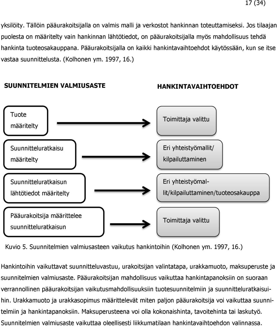 Pääurakoitsijalla on kaikki hankintavaihtoehdot käytössään, kun se itse vastaa suunnittelusta. (Kolhonen ym. 1997, 16.