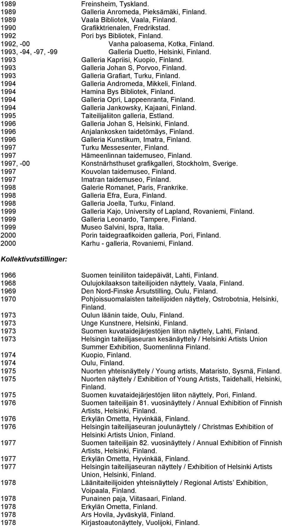 1994 Galleria Andromeda, Mikkeli, 1994 Hamina Bys Bibliotek, 1994 Galleria Opri, Lappeenranta, 1994 Galleria Jankowsky, Kajaani, 1995 Taiteilijaliiton galleria, Estland.