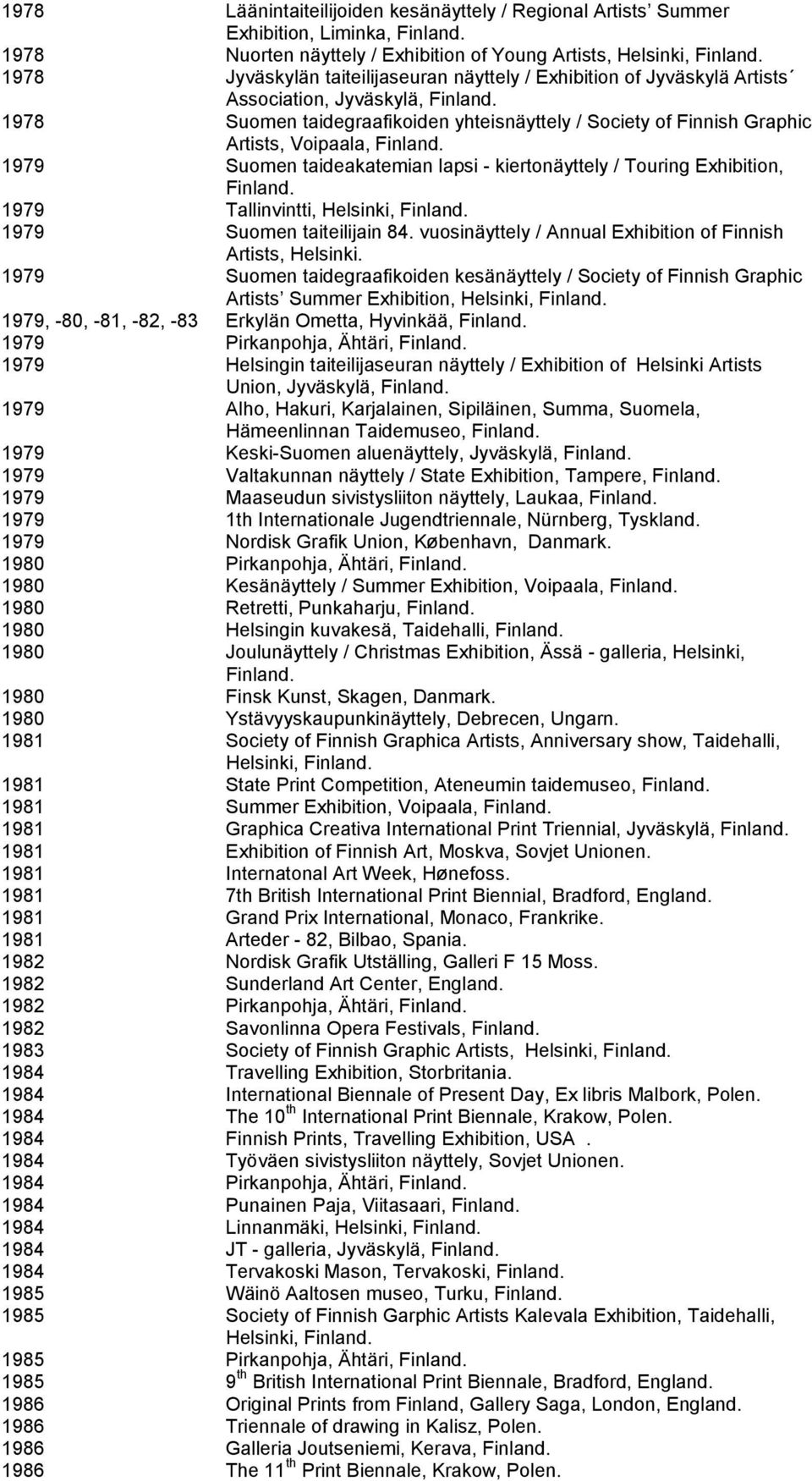 / Touring Exhibition, 1979 Tallinvintti, Helsinki, 1979 Suomen taiteilijain 84. vuosinäyttely / Annual Exhibition of Finnish Artists, Helsinki.