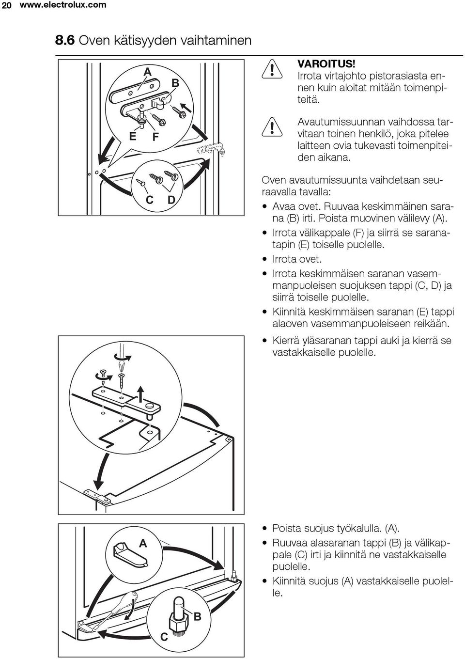 Ruuvaa keskimmäinen sarana (B) irti. Poista muovinen välilevy (A). Irrota välikappale (F) ja siirrä se saranatapin (E) toiselle puolelle. Irrota ovet.