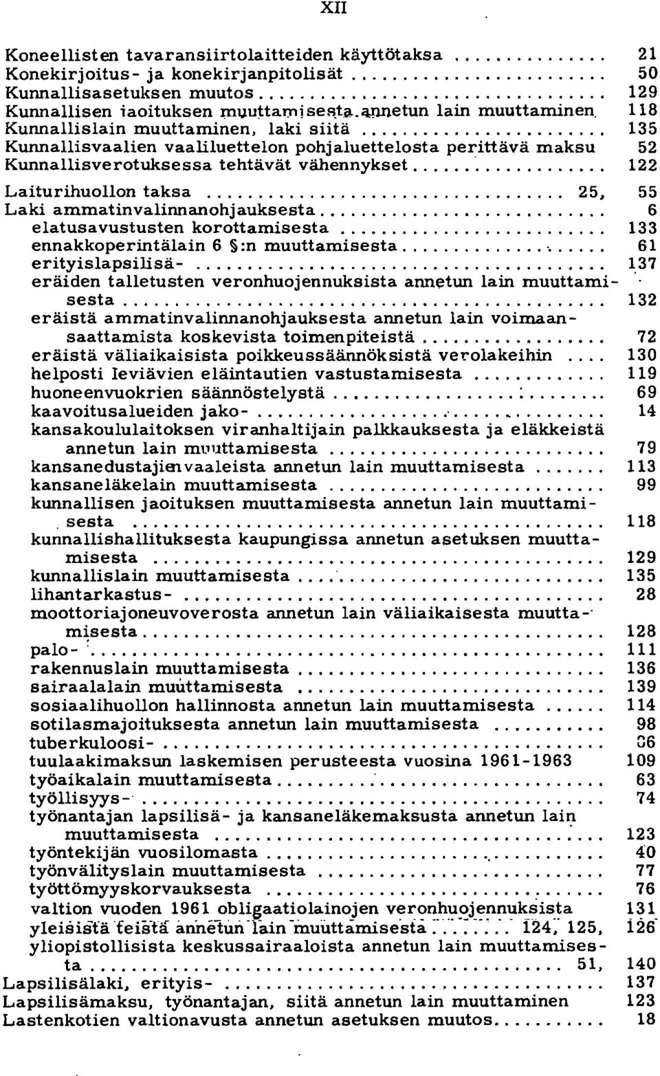 .. 135 Kunnallisvaalien vaaliluettelon pohjaluettelosta perittävä maksu 52 Kunnallisverotuksessa tehtävät vähennykset... "............. 122 Laiturihuollon taksa.