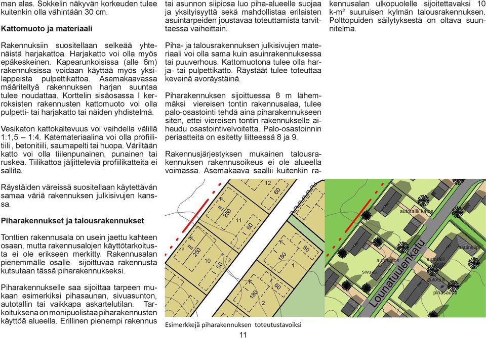 Korttelin sisäosassa I kerroksisten rakennusten kattomuoto voi olla uletti- tai harjakatto tai näiden yhdistelmä. Vesikaton kattokaltevuus voi vaihdella välillä 1:1,5 1:4.