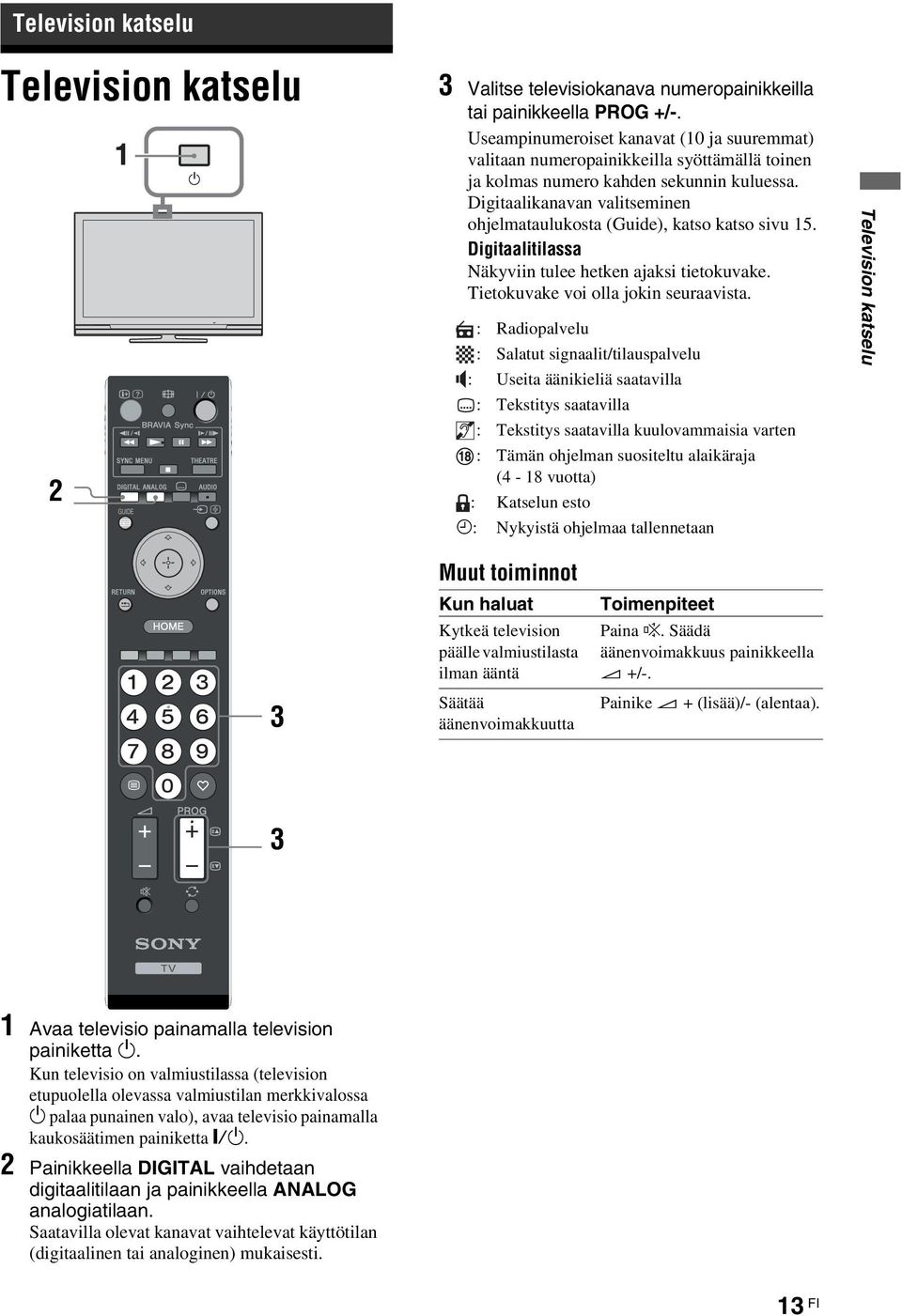 Digitaalikanavan valitseminen ohjelmataulukosta (Guide), katso katso sivu 15. Digitaalitilassa Näkyviin tulee hetken ajaksi tietokuvake. Tietokuvake voi olla jokin seuraavista.