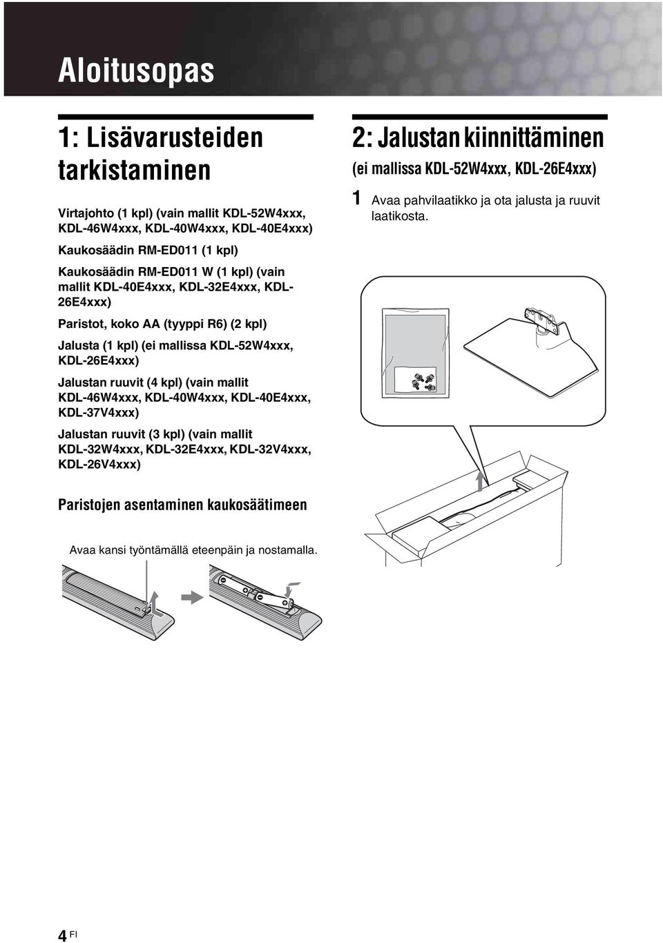 (vain mallit KDL-46W4xxx, KDL-40W4xxx, KDL-40E4xxx, KDL-37V4xxx) Jalustan ruuvit (3 kpl) (vain mallit KDL-32W4xxx, KDL-32E4xxx, KDL-32V4xxx, KDL-26V4xxx) 2: Jalustan kiinnittäminen