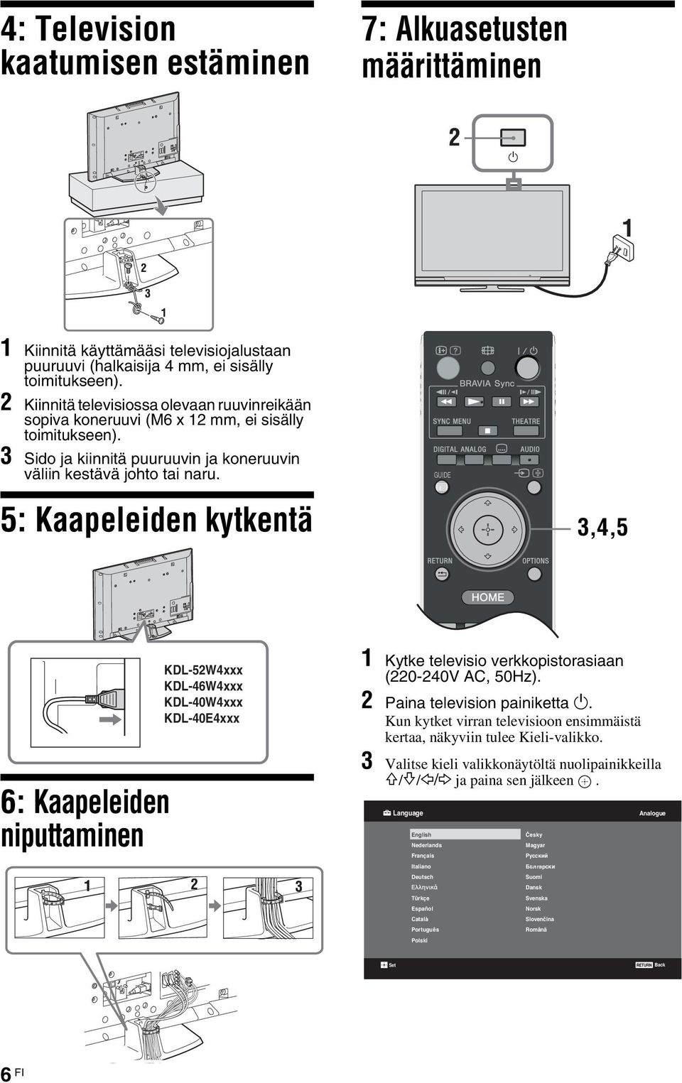 GUIDE 5: Kaapeleiden kytkentä 3,4,5 6: Kaapeleiden niputtaminen KDL-52W4xxx KDL-46W4xxx KDL-40W4xxx KDL-40E4xxx 1 Kytke televisio verkkopistorasiaan (220-240V AC, 50H).