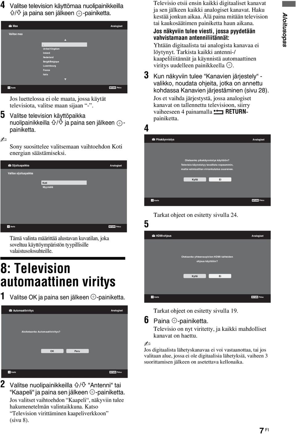 Maa Valitse maa Aseta - United Kingdom Ireland Nederland België/Belgique Luxembourg France Italia Analogiset Sony suosittelee valitsemaan vaihtoehdon Koti energian säästämiseksi.