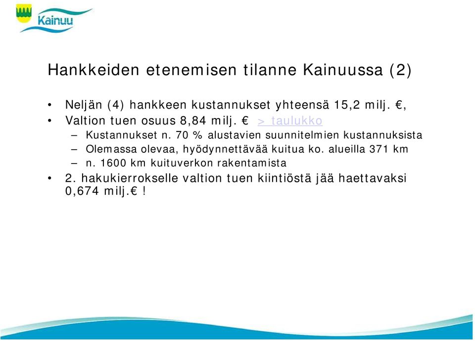 70 % alustavien suunnitelmien kustannuksista Olemassa olevaa, hyödynnettävää kuitua ko.