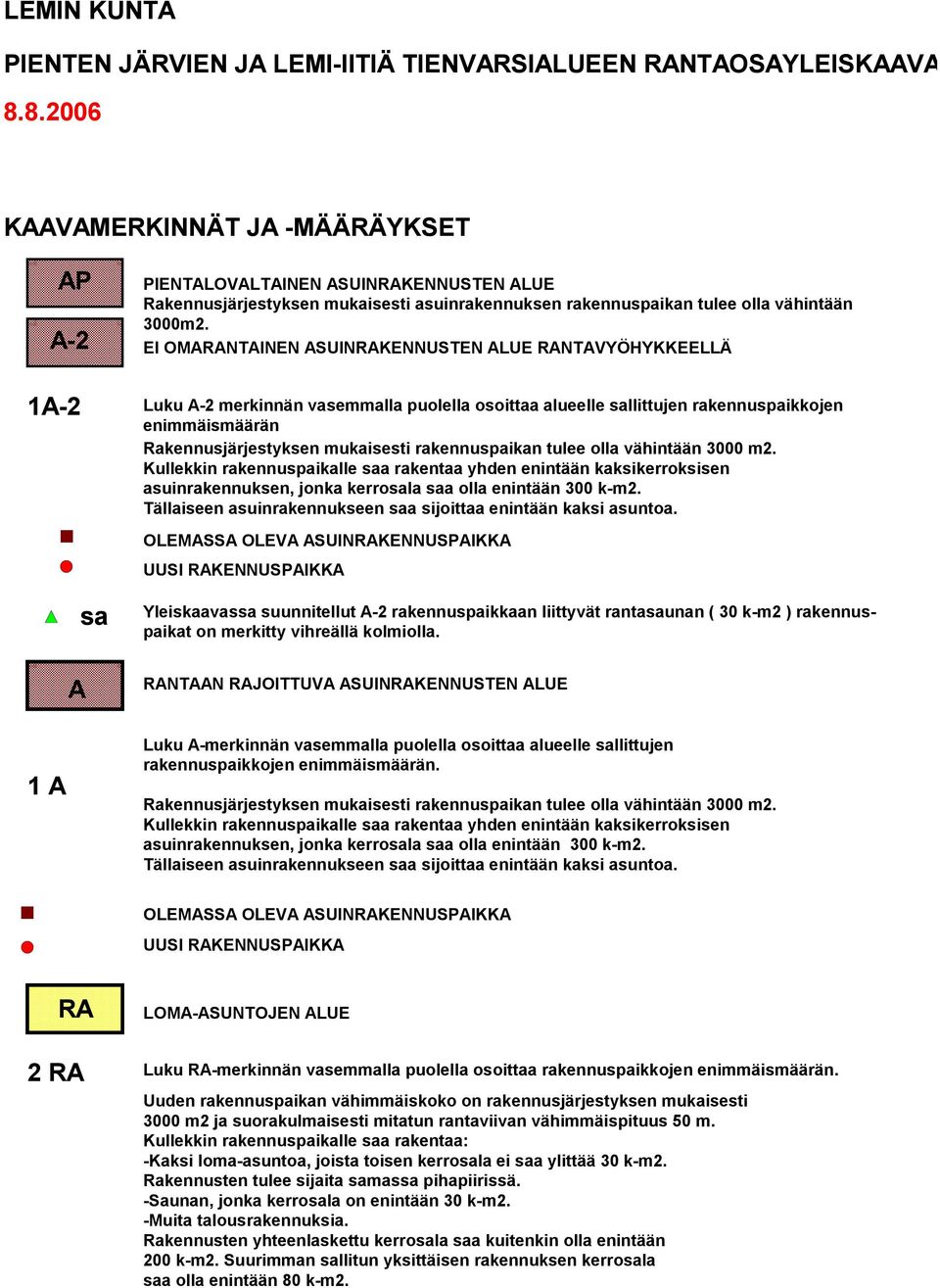 EI OMARANTAINEN ASUINRAKENNUSTEN ALUE RANTAVYÖHYKKEELLÄ 1A-2 Luku A-2 merkinnän vasemmalla puolella osoittaa alueelle sallittujen rakennuspaikkojen enimmäismäärän Rakennusjärjestyksen mukaisesti