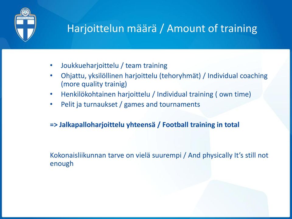 Individual training ( own time) Pelit ja turnaukset / games and tournaments => Jalkapalloharjoittelu
