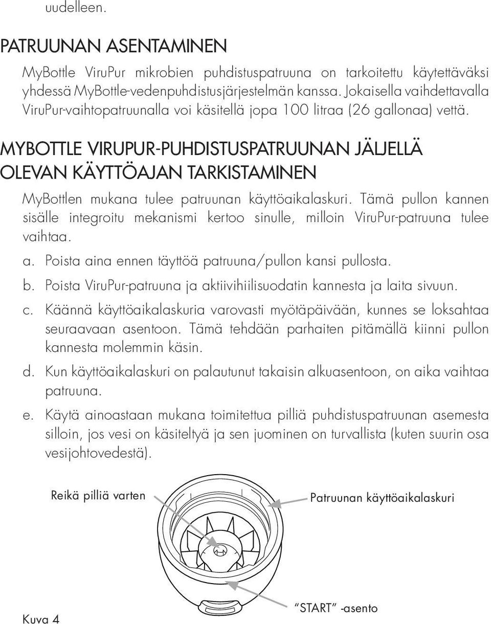 MYBOTTLE VIRUPUR-PUHDISTUSPATRUUNAN JÄLJELLÄ OLEVAN KÄYTTÖAJAN TARKISTAMINEN MyBottlen mukana tulee patruunan käyttöaikalaskuri.