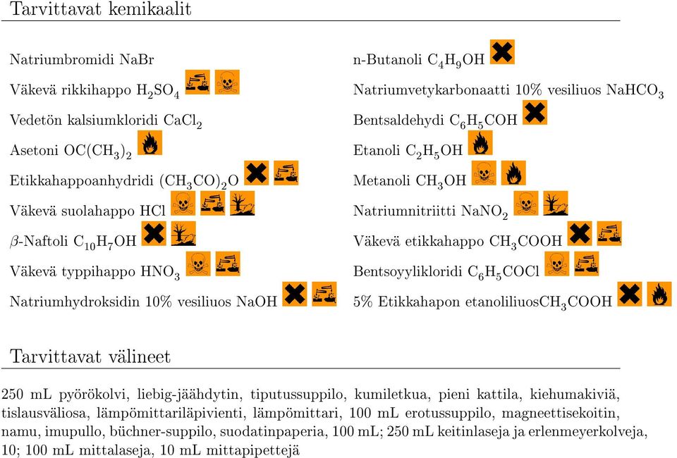 Väkevä etikkahappo CH 3 CO Bentsoyylikloridi C 6 COCl 5% Etikkahapon etanoliliuosch 3 CO Tarvittavat välineet 250 ml pyörökolvi, liebig-jäähdytin, tiputussuppilo, kumiletkua, pieni kattila,