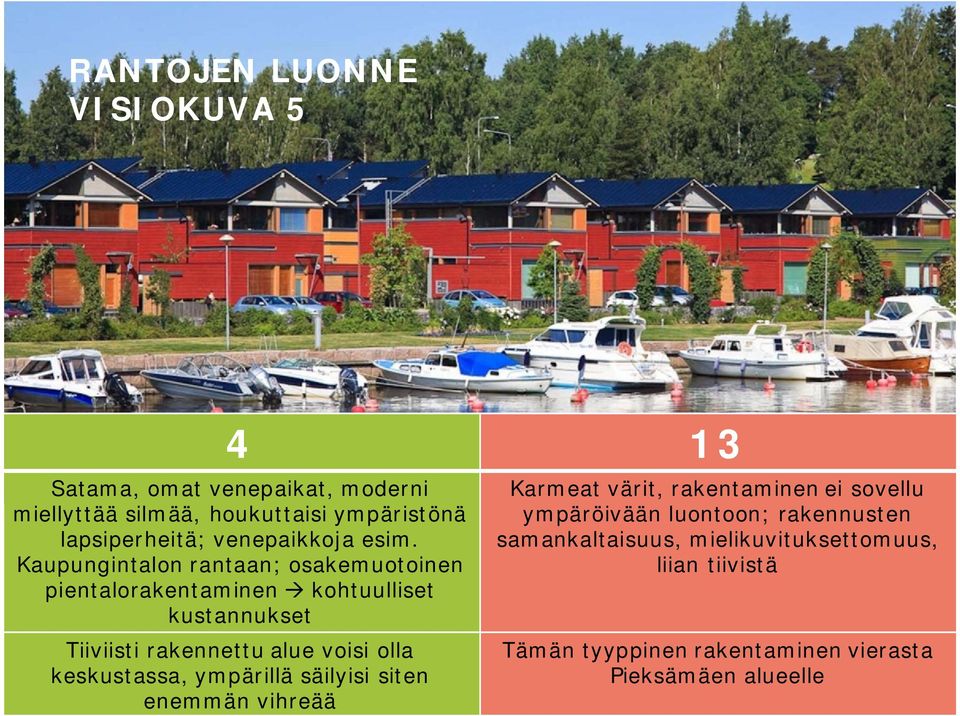 Kaupungintalon rantaan; osakemuotoinen pientalorakentaminen kohtuulliset kustannukset Tiiviisti rakennettu alue voisi olla