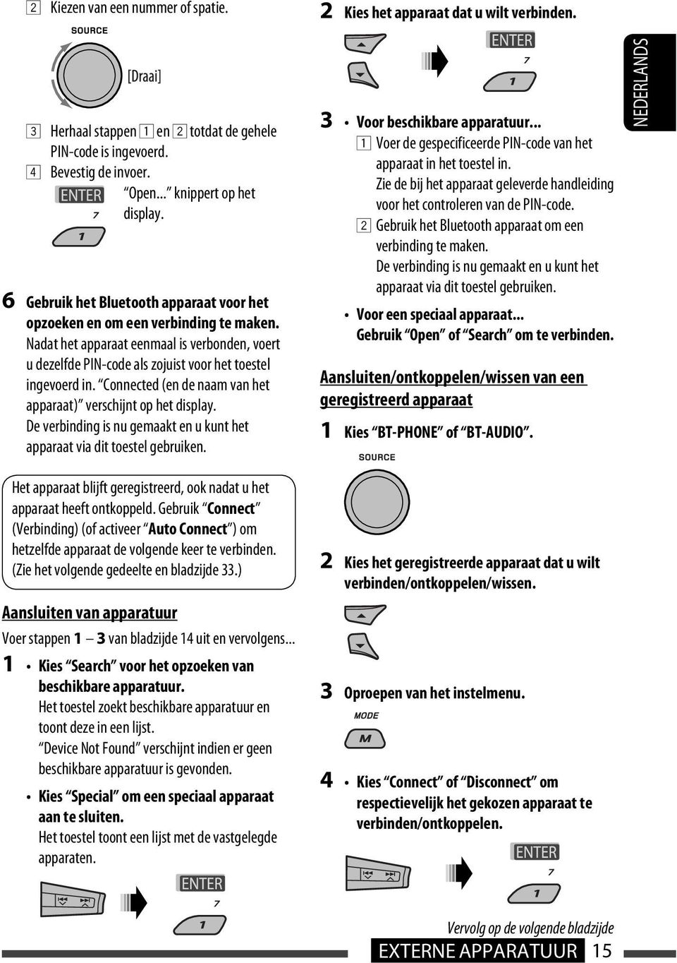 Connected (en de naam van het apparaat) verschijnt op het display. De verbinding is nu gemaakt en u kunt het apparaat via dit toestel gebruiken. 3 Voor beschikbare apparatuur.