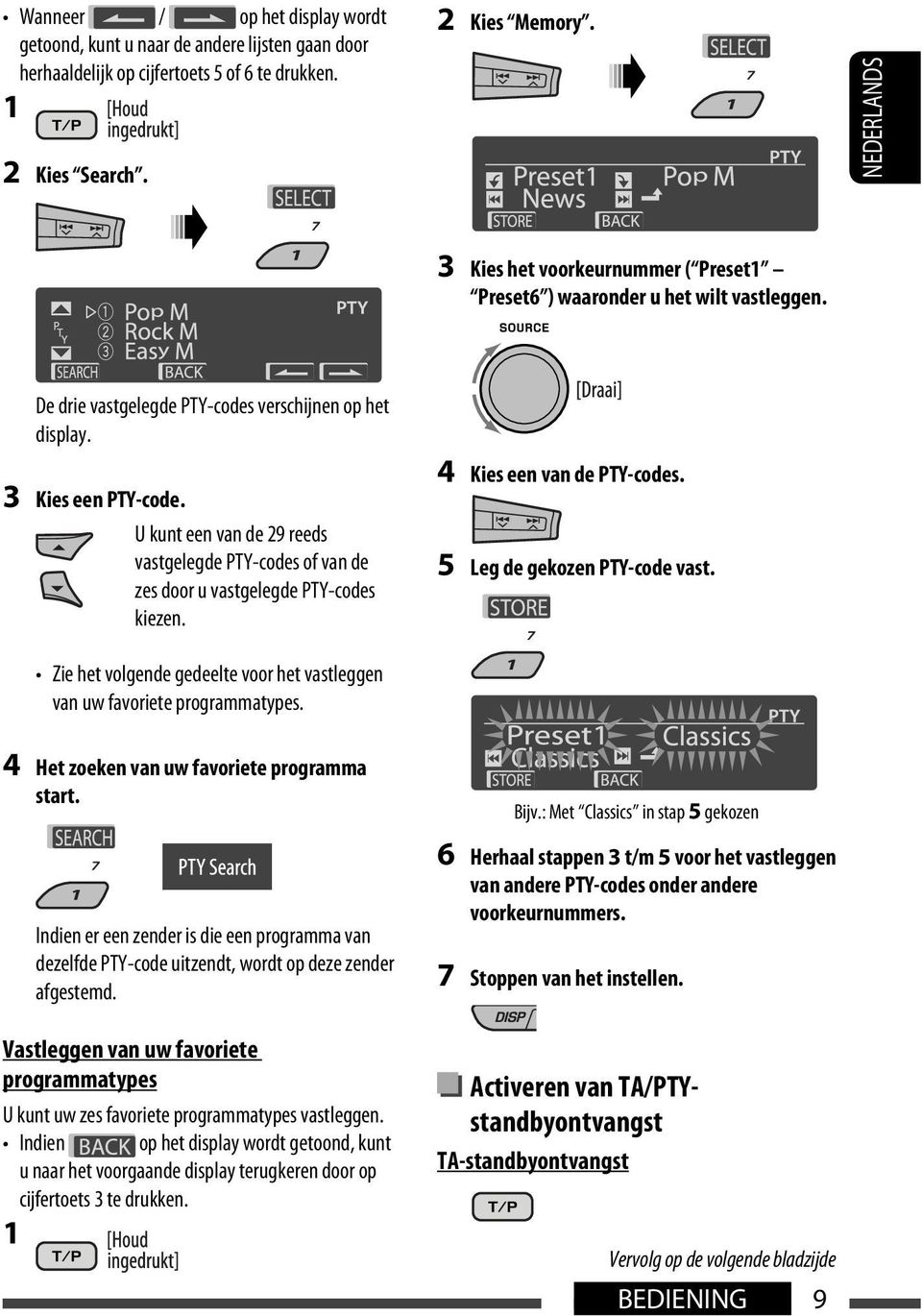 U kunt een van de 29 reeds vastgelegde PTY-codes of van de zes door u vastgelegde PTY-codes kiezen. Zie het volgende gedeelte voor het vastleggen van uw favoriete programmatypes.