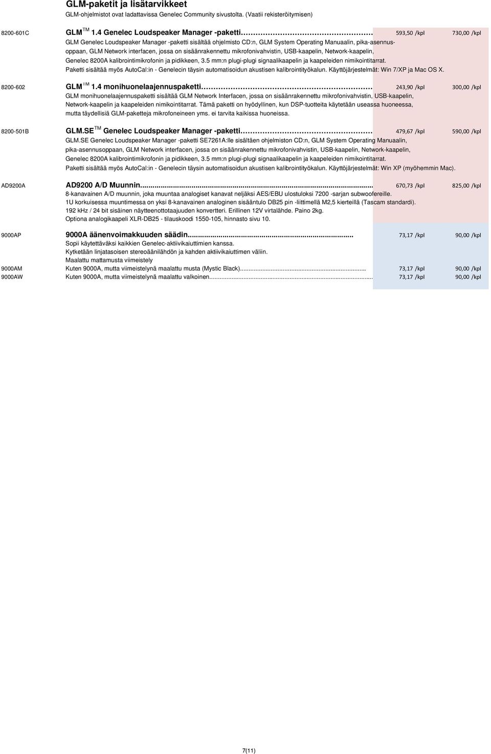 interfacen, jossa on sisäänrakennettu mikrofonivahvistin, USB-kaapelin, Network-kaapelin, Genelec 8200A kalibrointimikrofonin ja pidikkeen, 3.