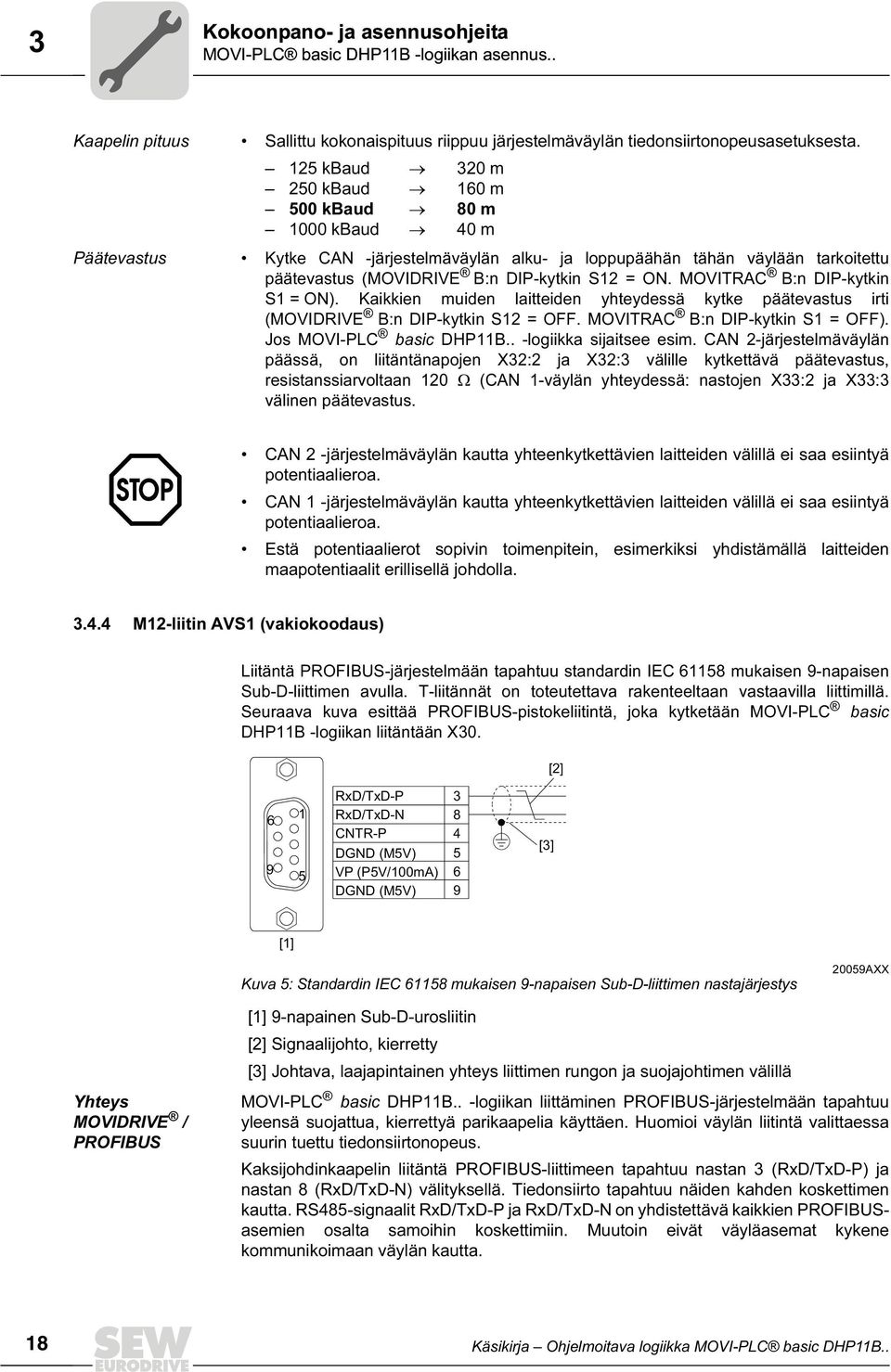 MOVITRAC B:n DIP-kytkin S = ON). Kaikkien muiden laitteiden yhteydessä kytke päätevastus irti (MOVIDRIVE B:n DIP-kytkin S2 = OFF. MOVITRAC B:n DIP-kytkin S = OFF). Jos MOVI-PLC basic DHPB.