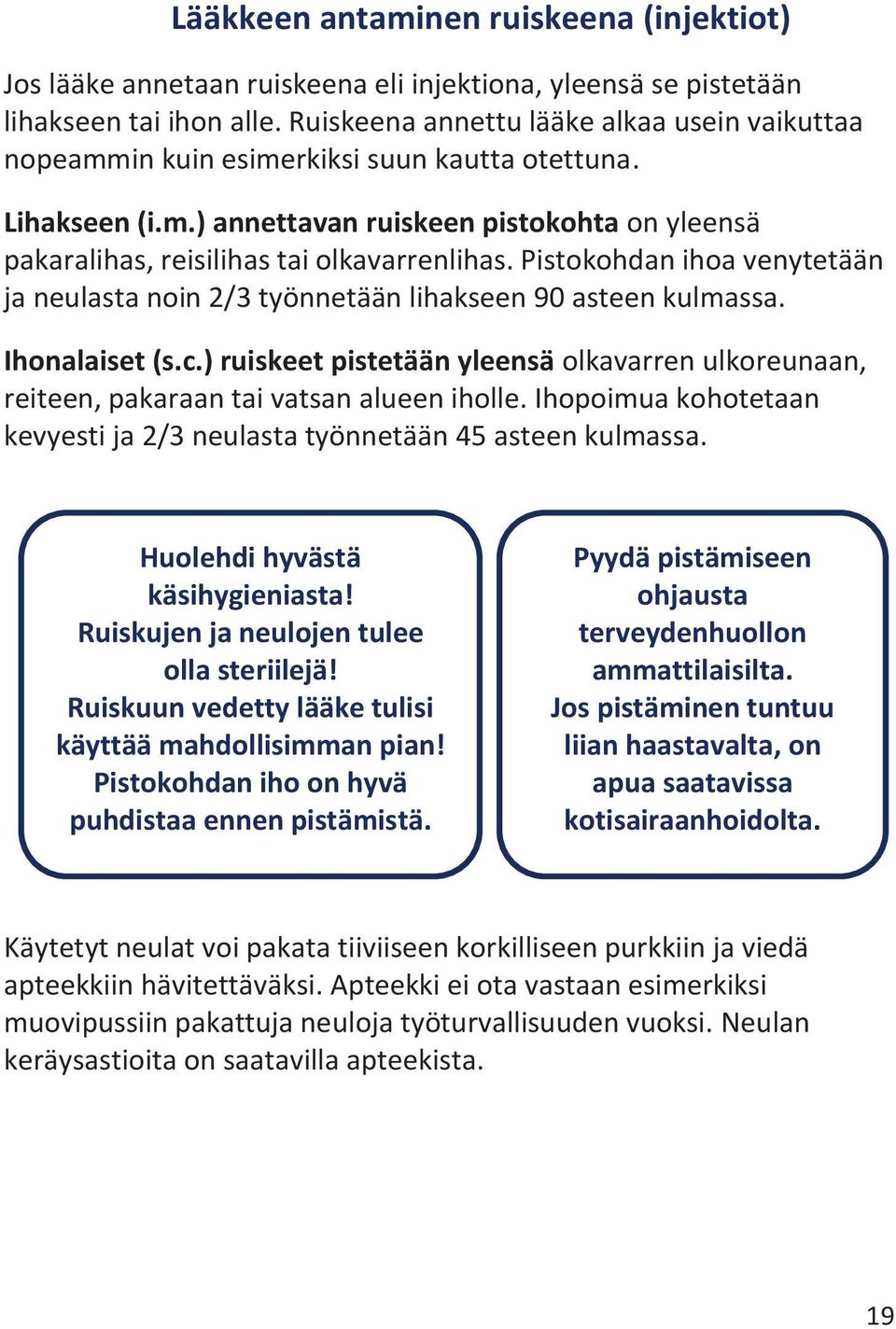 Pistokohdan ihoa venytetään ja neulasta noin 2/3 työnnetään lihakseen 90 asteen kulmassa. Ihonalaiset (s.c.