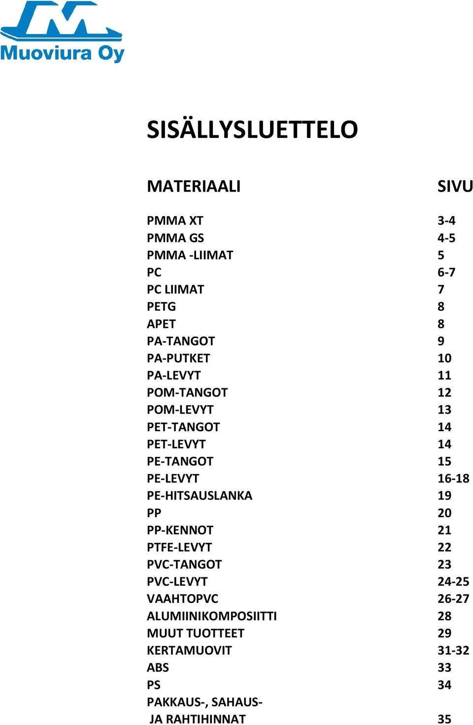 PE-LEVYT 16-18 PE-HITSAUSLANKA 19 PP 20 PP-KENNOT 21 PTFE-LEVYT 22 PVC-TANGOT 23 PVC-LEVYT 24-25 VAAHTOPVC