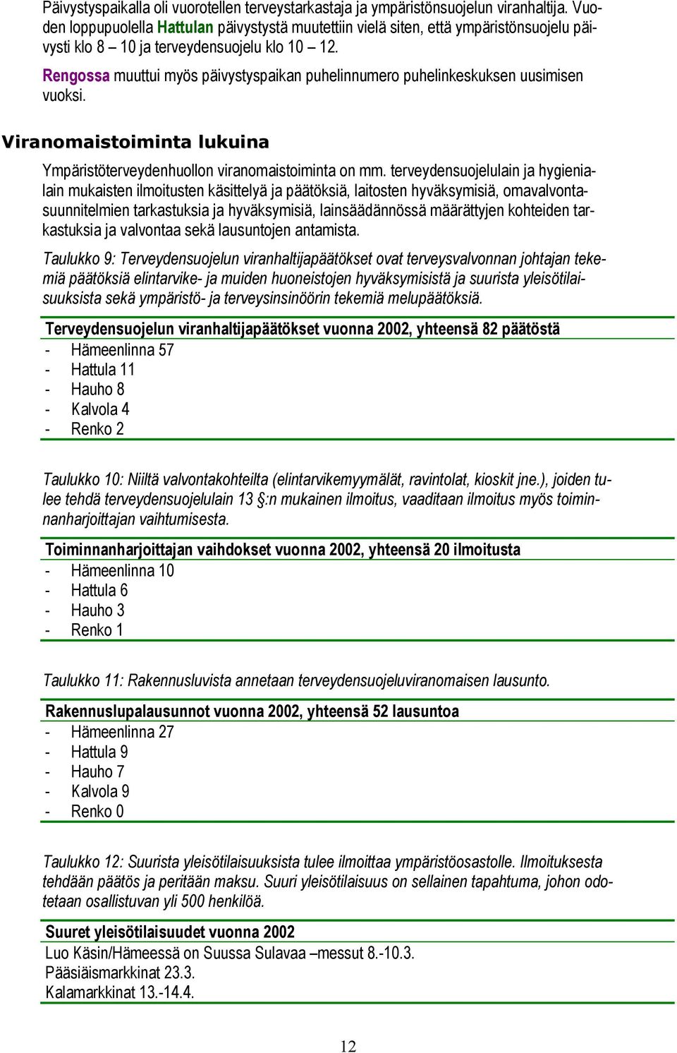 Rengossa muuttui myös päivystyspaikan puhelinnumero puhelinkeskuksen uusimisen vuoksi. Viranomaistoiminta lukuina Ympäristöterveydenhuollon viranomaistoiminta on mm.