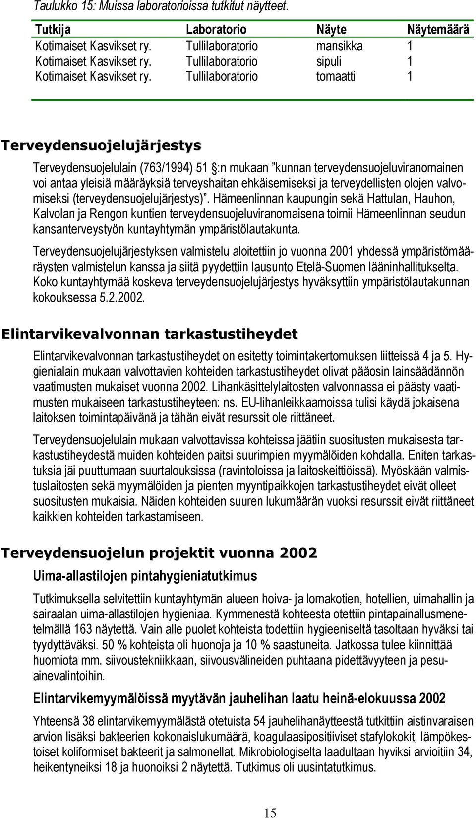 Tullilaboratorio tomaatti 1 Terveydensuojelujärjestys Terveydensuojelulain (763/1994) 51 :n mukaan kunnan terveydensuojeluviranomainen voi antaa yleisiä määräyksiä terveyshaitan ehkäisemiseksi ja