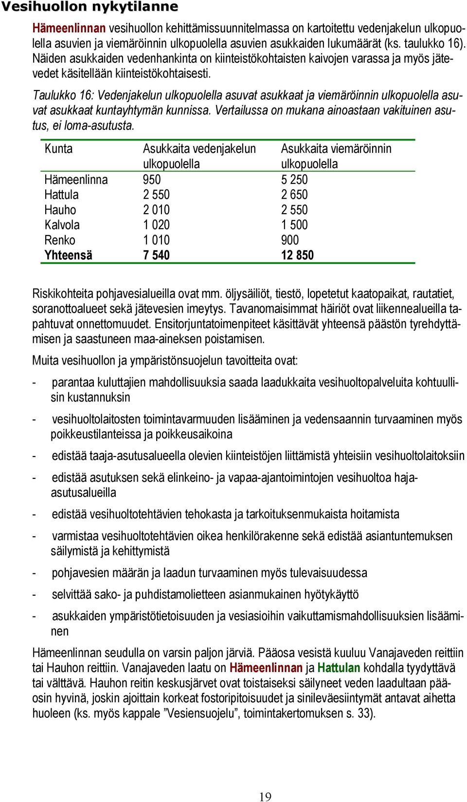 Taulukko 16: Vedenjakelun ulkopuolella asuvat asukkaat ja viemäröinnin ulkopuolella asuvat asukkaat kuntayhtymän kunnissa. Vertailussa on mukana ainoastaan vakituinen asutus, ei loma-asutusta.