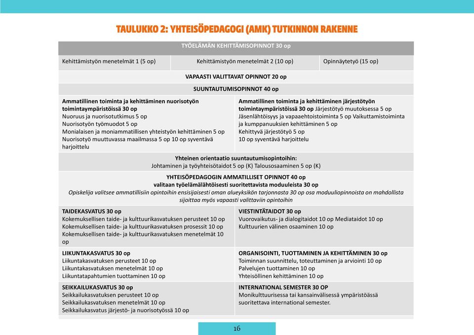 VAPAASTI VALITTAVAT OPINNOT 20 op SUUNTAUTUMISOPINNOT 40 op Yhteinen orientaatio ammatillisiin opintoihin 10 op Osallistumisen edistäminen 16 ja aktivointi 5 op Ammatillinen toiminta ja kehittäminen