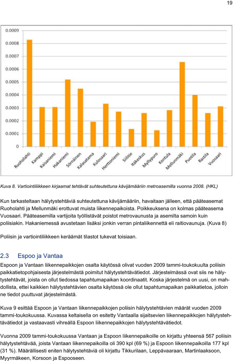 Poikkeuksena on kolmas pääteasema Vuosaari. Pääteasemilla vartijoita työllistävät poistot metrovaunusta ja asemilta samoin kuin poliisiakin.