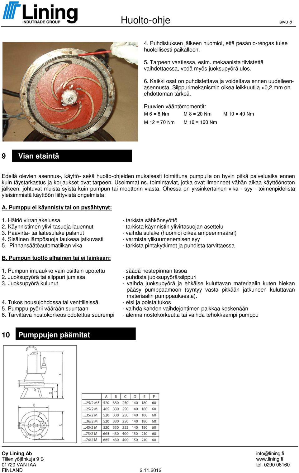 Ruuvien vääntömomentit: M 6 = 8 Nm M 8 = 20 Nm M 10 = 40 Nm M 12 = 70 Nm M 16 = 160 Nm 9 Vian etsintä Edellä olevien asennus-, käyttö- sekä huolto-ohjeiden mukaisesti toimittuna pumpulla on hyvin