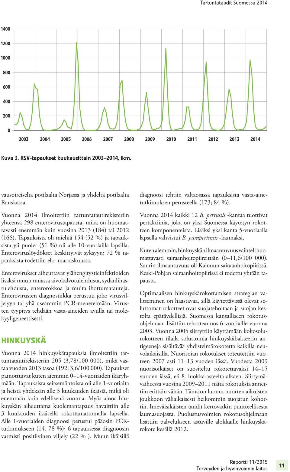 Vuonna 2014 ilmoitettiin tartuntatautirekisteriin yhteensä 298 enterovirustapausta, mikä on huomattavasti enemmän kuin vuosina 2013 (184) tai 2012 (166).