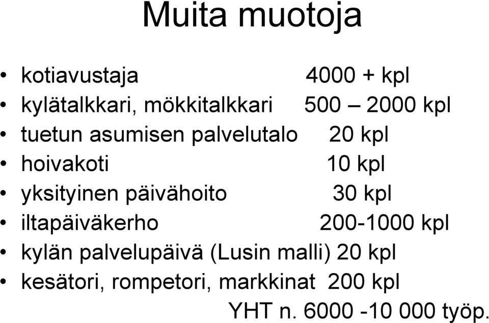 päivähoito 30 kpl iltapäiväkerho 200-1000 kpl kylän palvelupäivä (Lusin