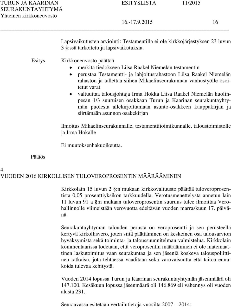 vanhustyölle osoitetut varat valtuuttaa talousjohtaja Irma Hokka Liisa Raakel Niemelän kuolinpesän 1/3 suuruisen osakkaan Turun ja Kaarinan seurakuntayhtymän puolesta allekirjoittamaan