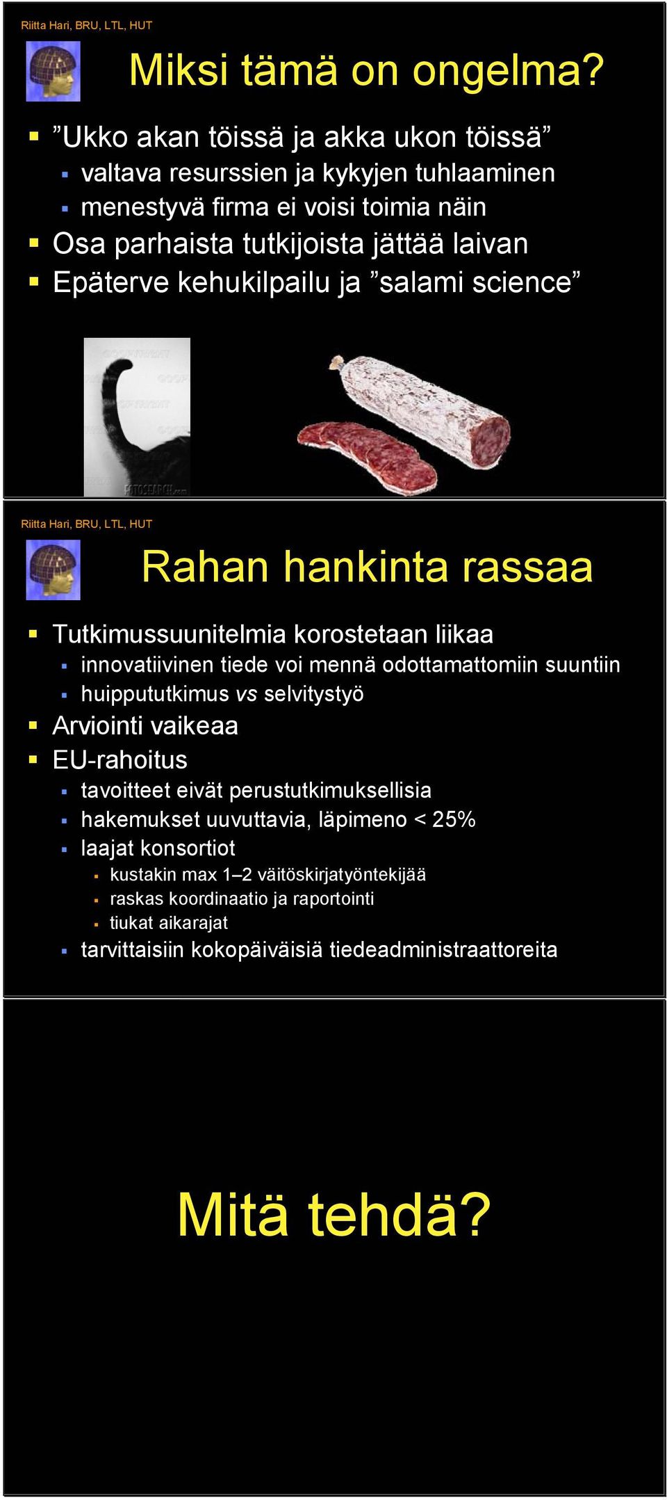 salami science Riitta Hari, BRU, LTL, HUT Rahan hankinta rassaa Tutkimussuunitelmia korostetaan liikaa innovatiivinen tiede voi mennä odottamattomiin suuntiin huippututkimus vs