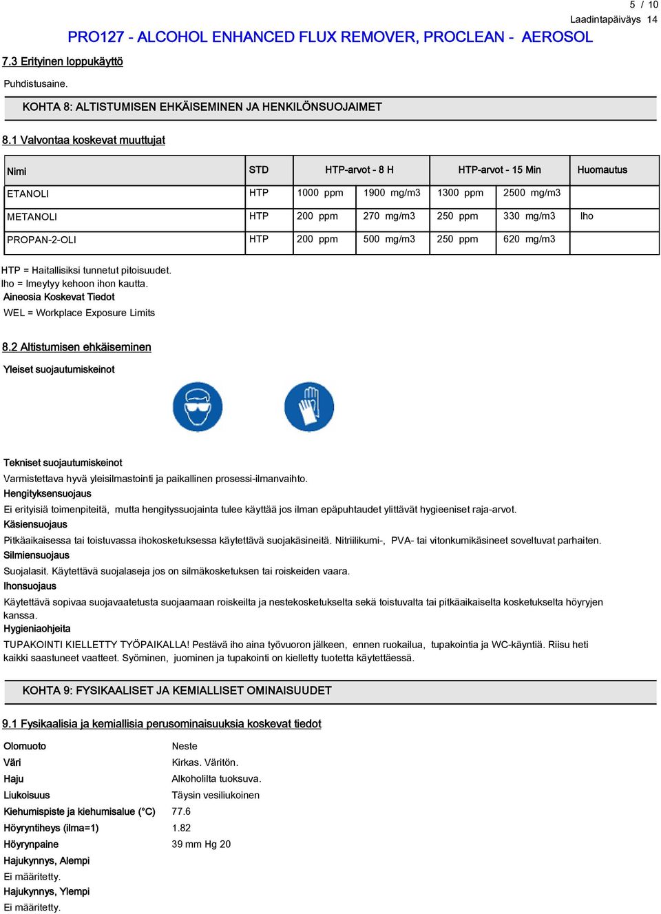 PROPAN-2-OLI HTP 200 ppm 500 mg/m3 250 ppm 620 mg/m3 HTP = Haitallisiksi tunnetut pitoisuudet. Iho = Imeytyy kehoon ihon kautta. Aineosia Koskevat Tiedot WEL = Workplace Exposure Limits 8.